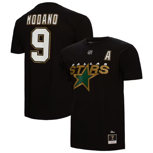 Men's Dallas Stars #9 Mike Modano Black Mitchell & Ness T-Shirt Men's Dallas Stars #9 Mike Modano Black Mitchell & Ness T-Shirt